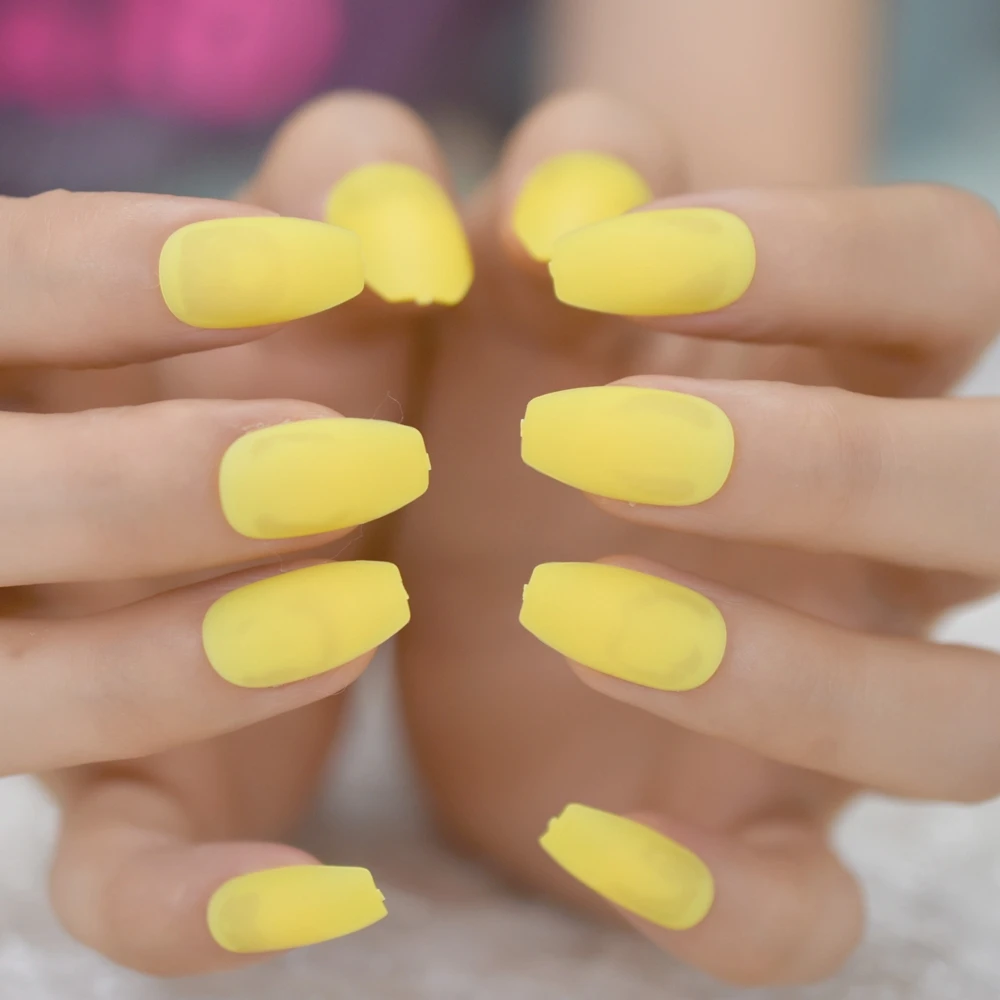 NEON Yellow Matte Fake Nails Medium Coffin Manicure Artificial Nail Art Tips 24 Nails Sculpted Nails Echiq Finger Decoration