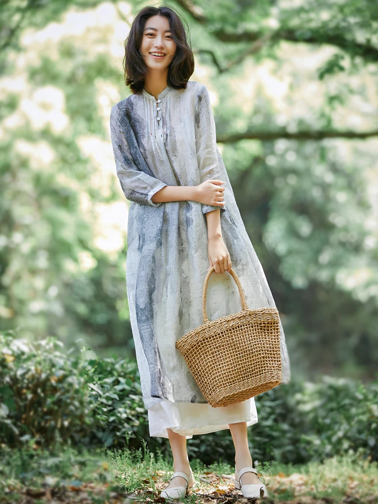 Novedad de verano, vestido holgado de ramio para mujer, vestido fino Retro elegante de longitud media con estampado de algodón y lino N748