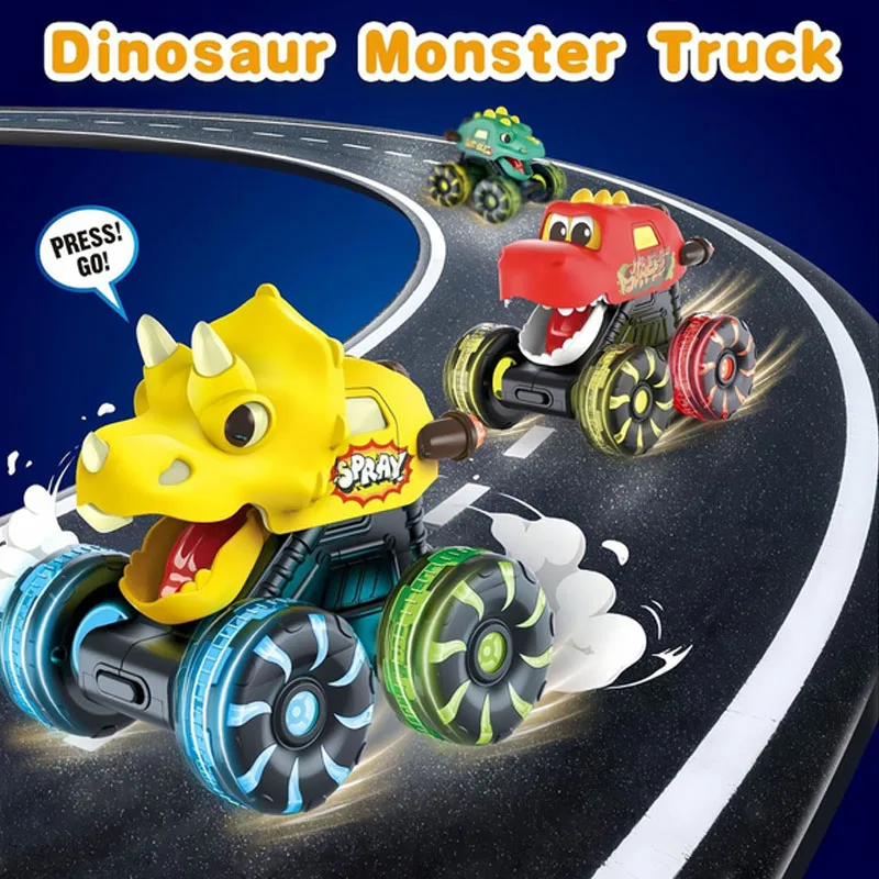 Motion Activated Dino Truck Toy - Magic Inertia Press Go Action Car with Light up Feature for Children Dinosaur Themed Light up