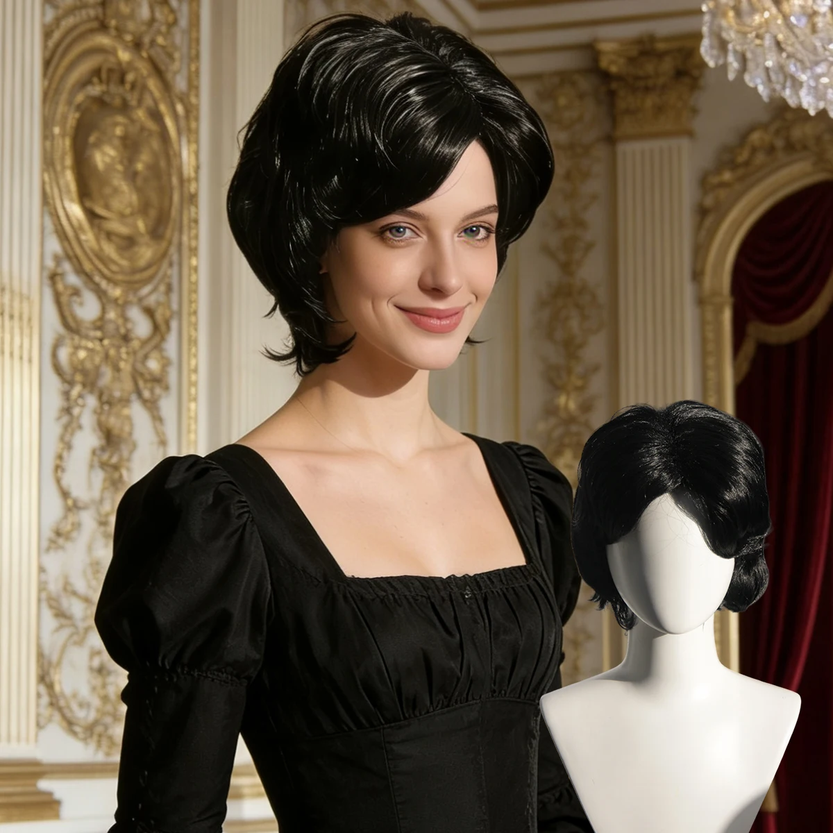 

Black Short Wavy Synthetic Wig for Women, Natural Pre-styled Layered Hair for Daily Wear, Retro Style and Cosplay Looks