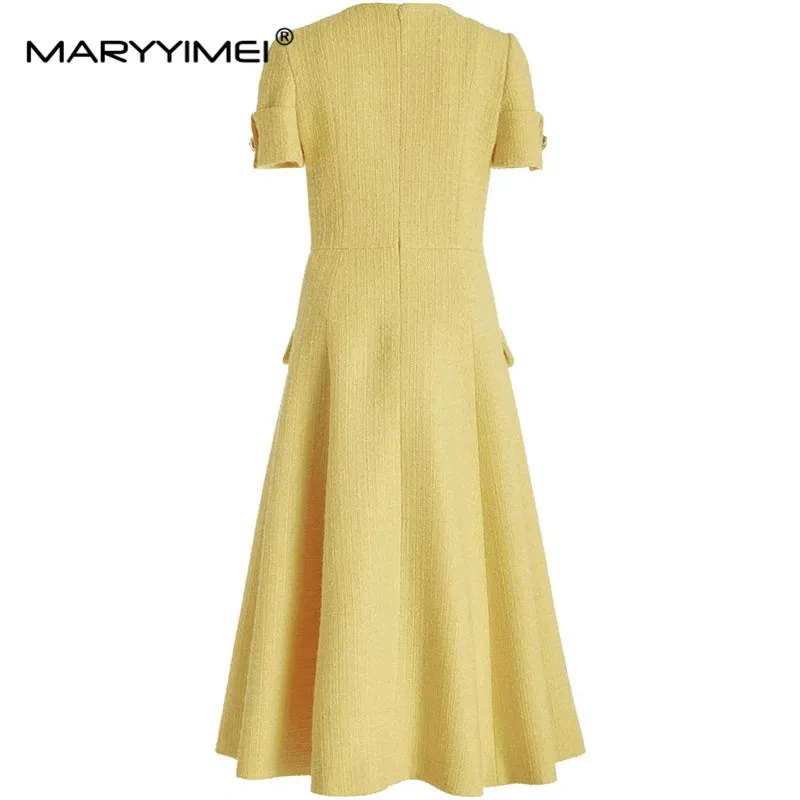 MARYYIMEI Spring Summer Women\'s Dress Short Sleeved Single-Breasted High Waiste Lace-Up Commuter Solid Color Dresses