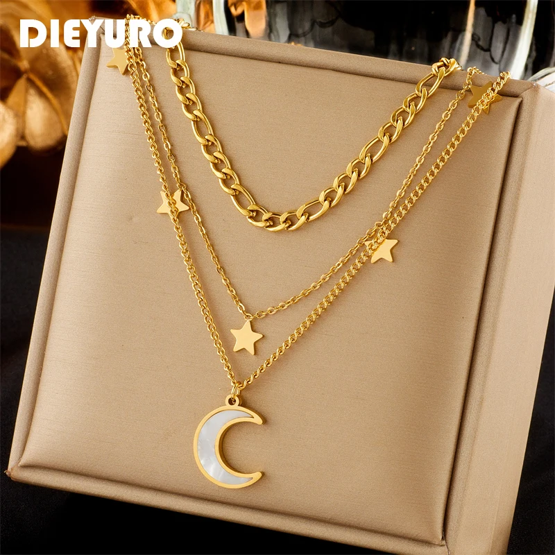 DIEYURO 316L Stainless Steel Bending Moon Stars Pendant Necklace For Women New Gold Color 3in1 Choker Chains Jewelry Gifts