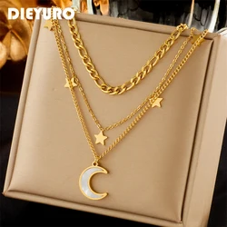 DIEYURO 316L Stainless Steel Bending Moon Stars Pendant Necklace For Women New Gold Color 3in1 Choker Chains Jewelry Gifts