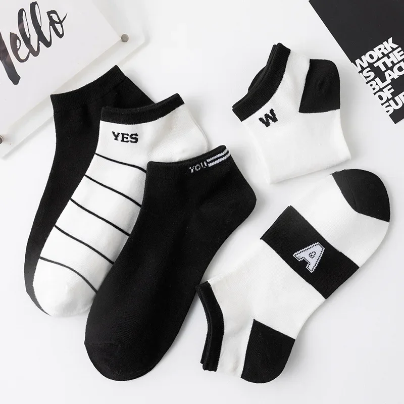 5/10 par wiosenne letnie męskie krótkie skarpetki moda czarne białe litery Design skarpetki Ultra cienka siateczka oddychające damskie skarpetki do kostki