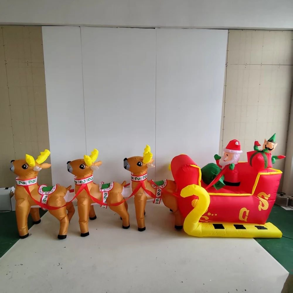 Christmas Inflatable Santa Claus Rides On A Sled Pulled By Three Reindeer, Carrying A Gift Box And Built LED,For Courtyard, Lawn