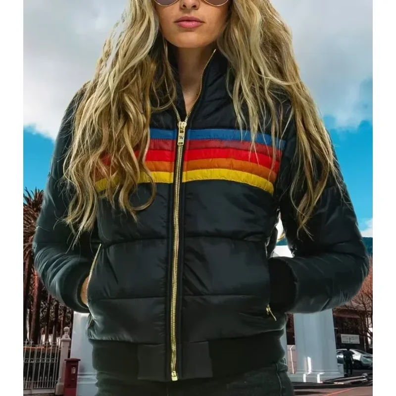 

Women's Casual Winter Coat national aviator Warm Coat woman Pullover Cotton Clothes sports for couples Rainbow Printed Coats