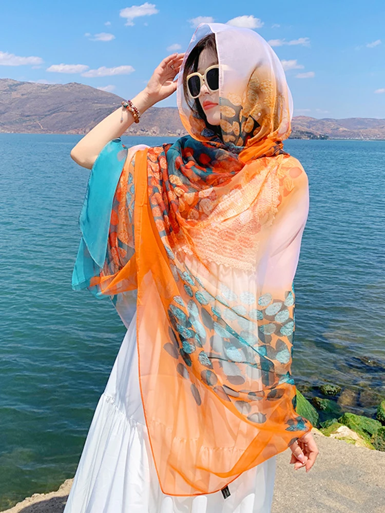 Summer Chiffon Hijab Elegant Women Silk Scarf Vintage Print Mujer Shawl Bandana Sarong Beach Wrap Scarve Pareo Bufanda Stoles