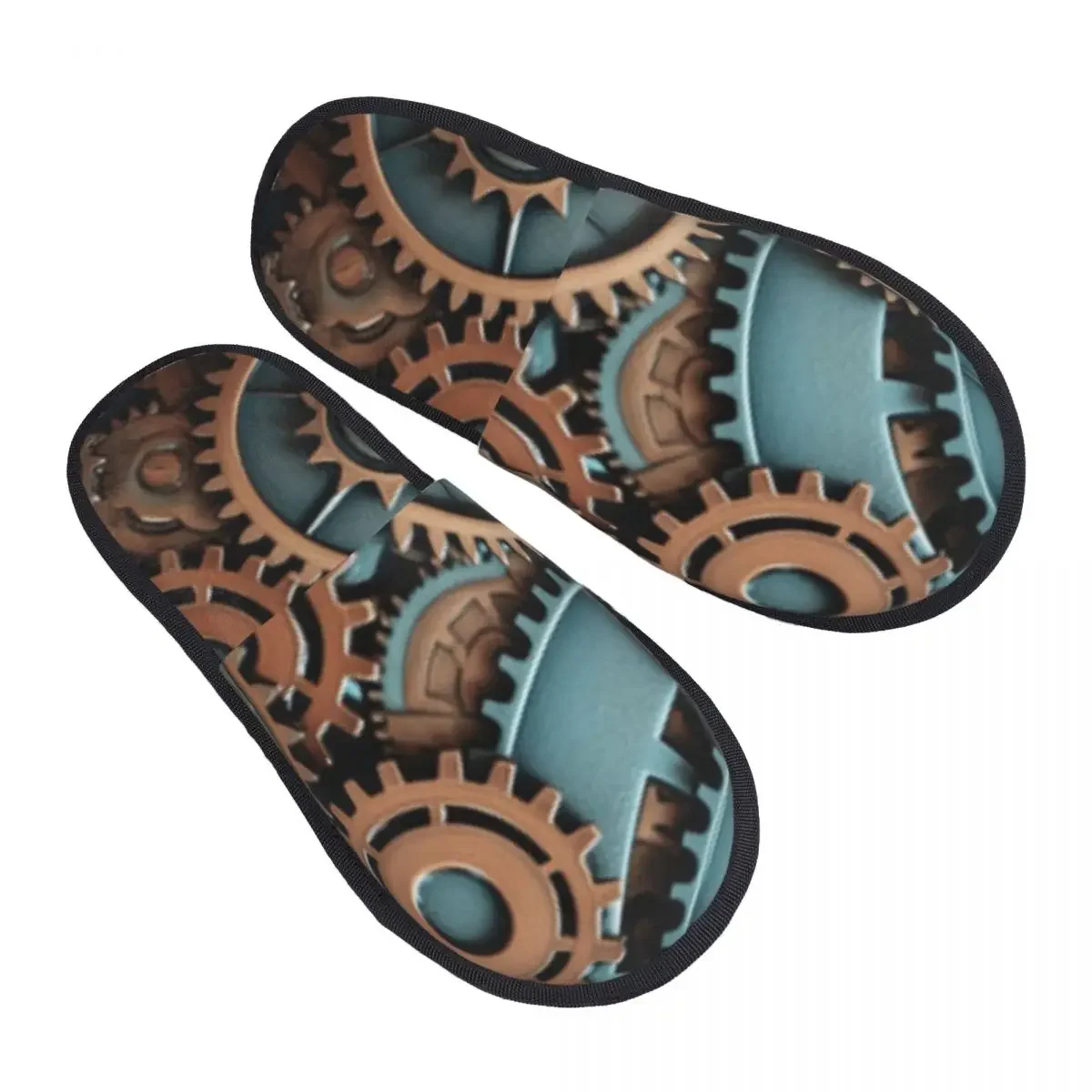 Winter Warm Women Men Plush Flat Indoor Slippers Steampunk Gears Furry Home Non-slip Shoes