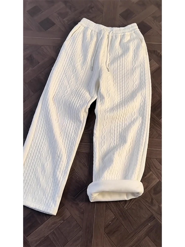 

Мужские широкие брюки на подкладке Fce, повседневные термоспортивные штаны с американской текстурой и льняным узором, прямые эластичные брюки с высокой талией