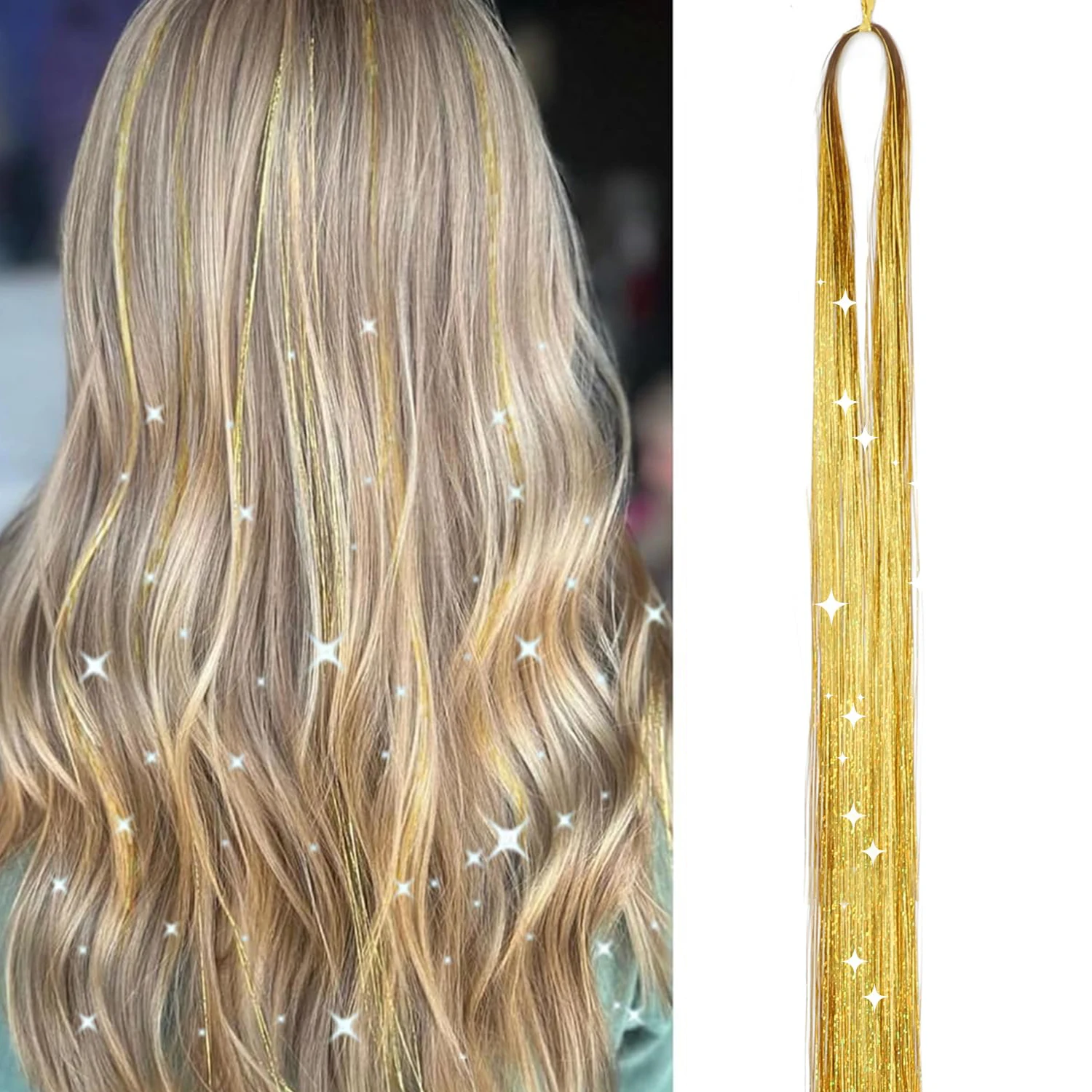 

1 Pac Glitter Tinsel Hair Extensions Heat Resistant Sparkling Shiny Fairy Hair Accessories for Women Girl Kids 36Inch Synthetic