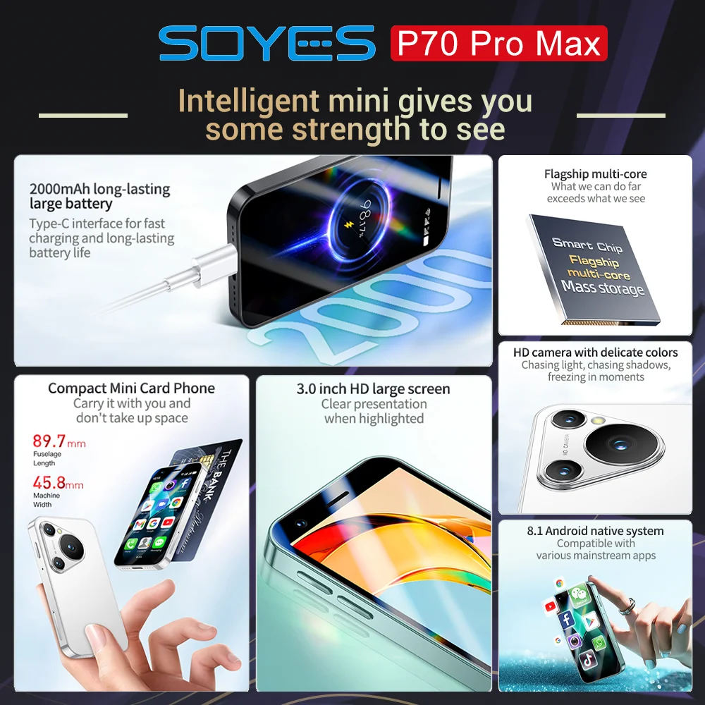 هاتف ذكي World Premiere SOYES P70 Pro Max Mini Android8.1 3.0 بوصة 16 جيجابايت 2000 مللي أمبير في الساعة معرف الوجه ثنائي الشريحة في وضع الاستعداد Play Store 3G