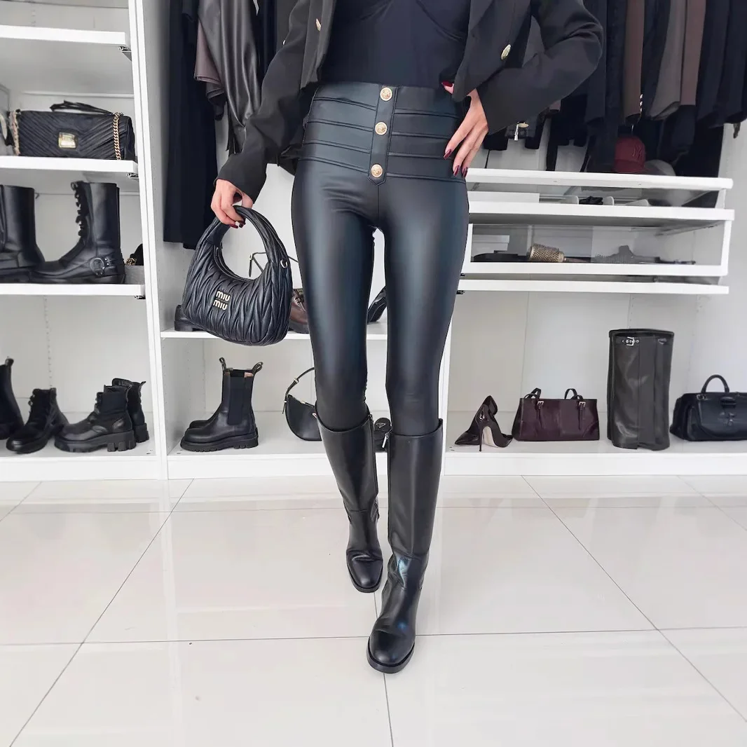 

Pencil Pants for Women Streetwear 2024 New Autumn and Winter PU Leather High Waist Elastic Slimming Base Trousers for Female