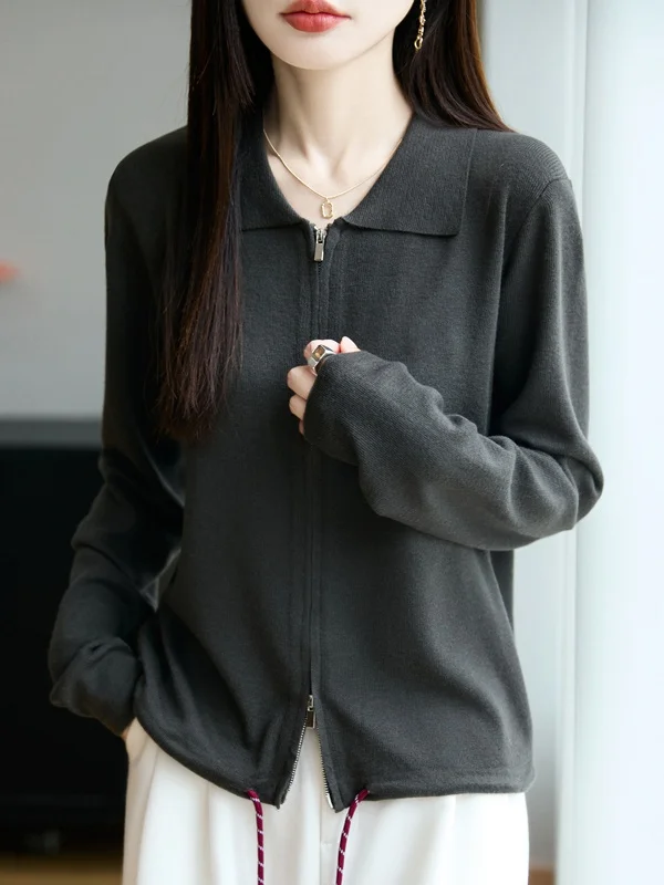 

Loose Casual Knitted Cardigan Sweater Double Zipper Open Front Soft Pure Color Printed Autumn Winter Women's Faion