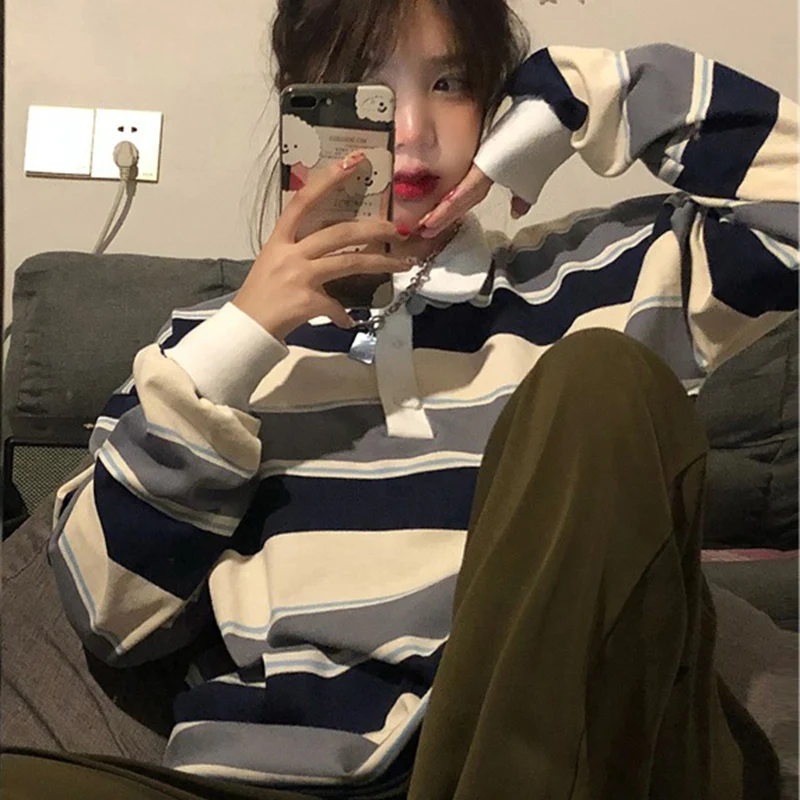 ファッションミックスカラーストライプスウェット女性ポロ襟長袖プルオーバー女性のためのルーズレターパターンプルオーバー Mujer