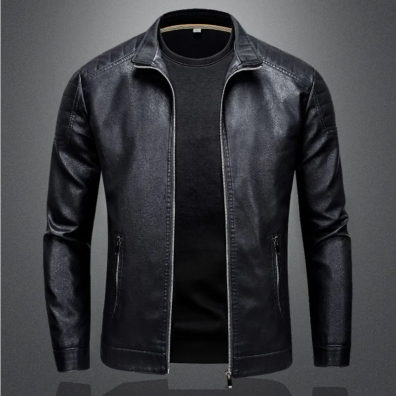 

Stand Collar Long Sleeves Men Coats 2025 Spring New Business Casual Leather Jacket Slim Short Styles Zip Pockets Men's Clothing