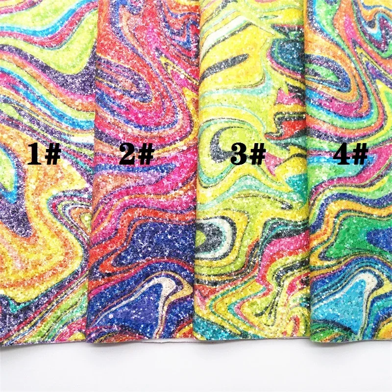 Water Grain Printed Rainbow Chunky Glitter Faux Vinyl Leather Fabric Felt Backing Leather For Bow DIY 21X29CM FZ272A