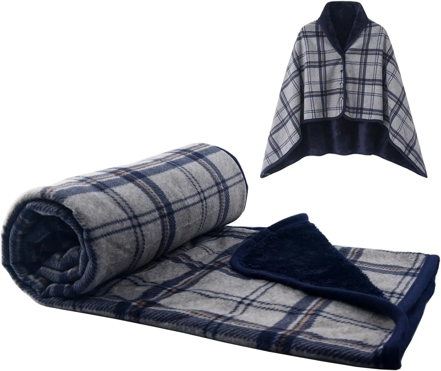 

Fleece Wearable Blanket, Plaid Lap Blanket Comfy Poncho Throw With Buttons For Bed Sofa Office, Navy-Gray