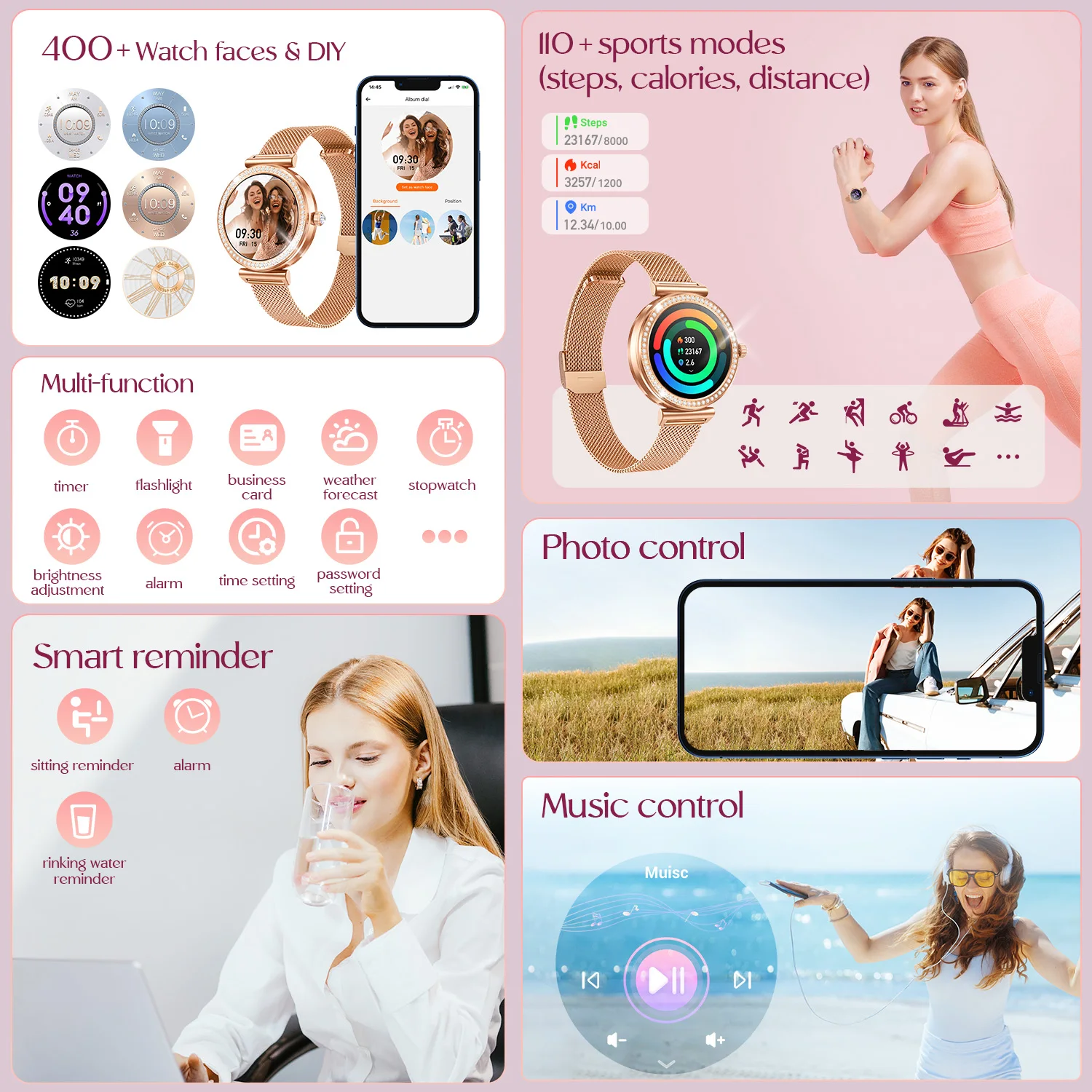 Reloj inteligente premium de moda para mujer, reloj deportivo para hacer/reparar llamadas, notificación de mensajes, Compatible con teléfonos iPhone/Android
