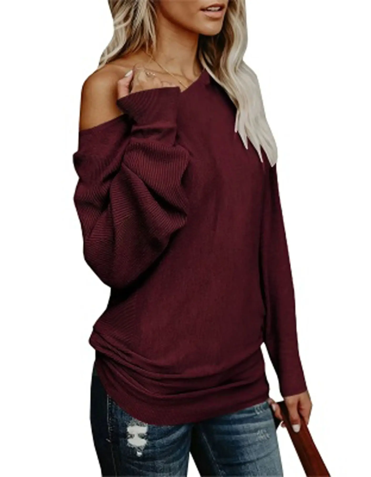 Women\'s Off Shoulder Knit Sweater Casual Knit Long Sleeve Sweaters Solid Boat Neck Pullovers Knitted Tops For Women Fall Winter