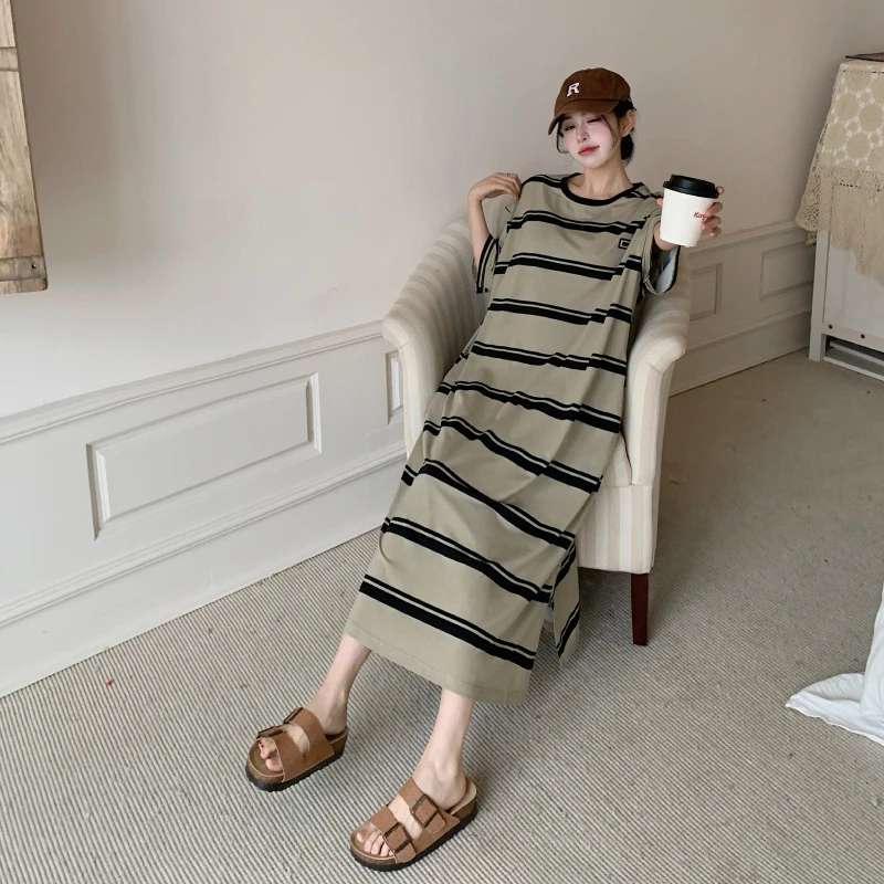 Plus Size Koreaanse Stijl Gestreept T-shirt Zomer Ronde Hals Losse Lange Jurk Gewaad met Korte Mouwen voor Vrouwen Jurk Vestidos