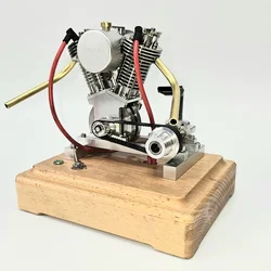 MUSA V2 Mini Gasoline Engine Model Kit Can Start Metal Stainless Steel 2 Cylinders 4 Stroke Engine with Wooden Base