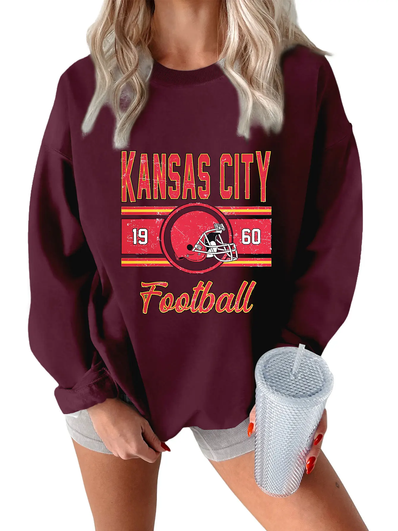 Autumn and winter women's hoodie kansas city 1960 football red velvet warm hoodie fashion crew-neck long-sleeved top with casual