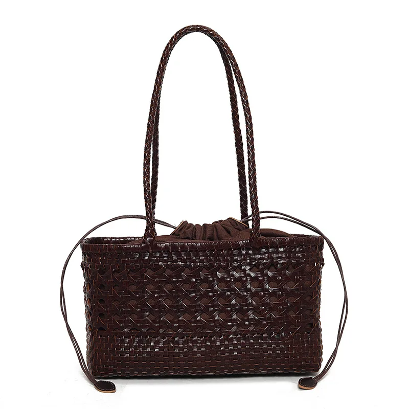 Handmade Leather Woven Boho Shoulder Bag Hollow Out Retro Basket Purse Casual Summer Beach Tote Underarm Crossbody Bag For Women