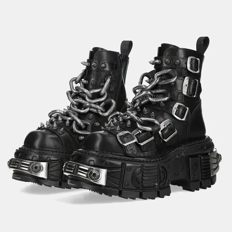 

Ботильоны на платформе с металлическими заклепками и цепочкой, матовые кожаные пикантные ботильоны с квадратным носком, новые поступления, модные женские современные ботинки