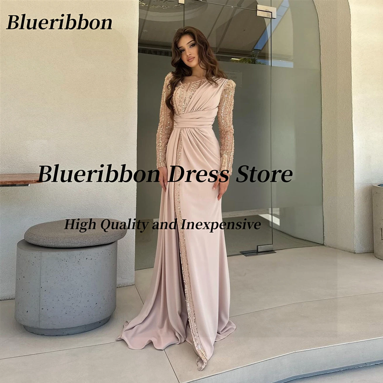 

Blueribbon Vestidos De Noches Long Sleeves Beaded Sequins Side Slit Evening Dresses Zipper Back Prom Party Formal Gowns