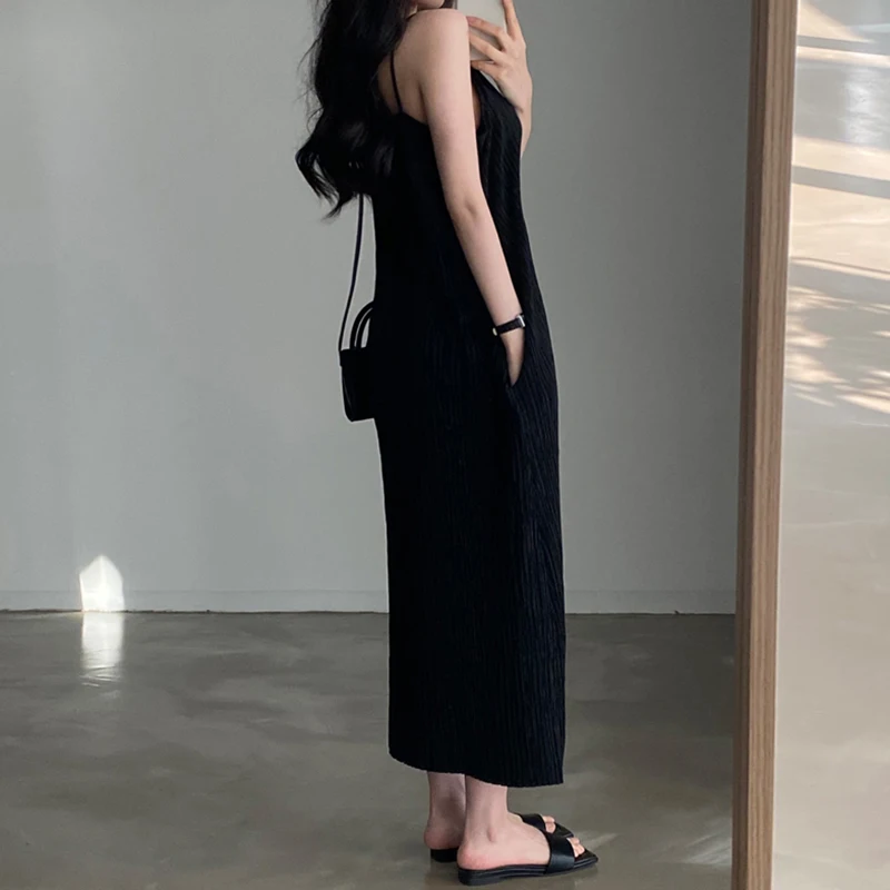 Chic Summer Vintage Lazy Sle Low round Ne Texture Loose Casual  Color Strapl Dr Women's Faion Commute Pure C...