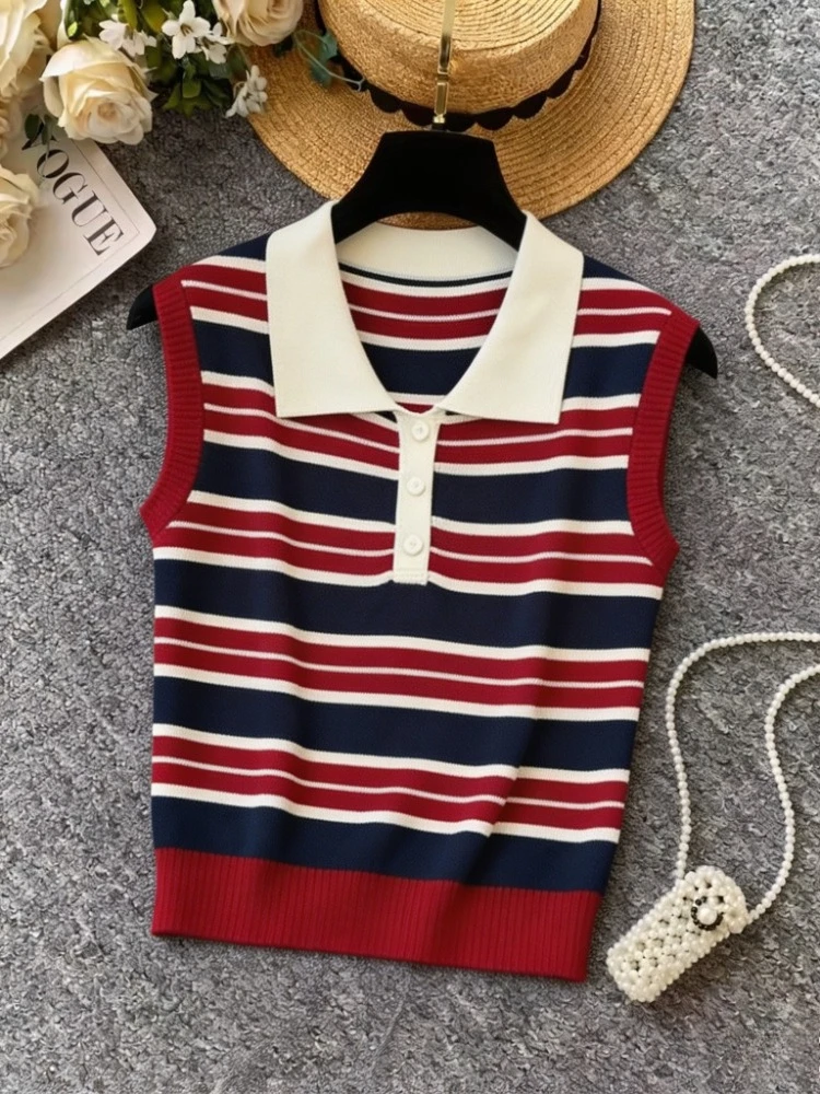 Women's Knitted Vest Striped Polo Collar Sleeveless Pullover Sweater Casual Elegant Waistcoat Korean Style Top for Spring Autumn