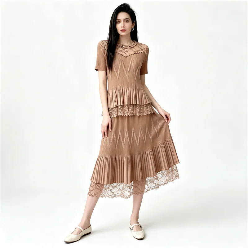 Miyake Pleated Women's Casual Suit Large Size Two-Piece Set Short-Sleeved Tops And Skirts Lace Beading Stitching 2026 New Style