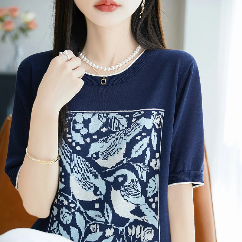 

Summer Lyocell Short Sleeve Round Neck Loose Casual Jacquard Knitted Pullover T-shirt Women's Thin Blouse