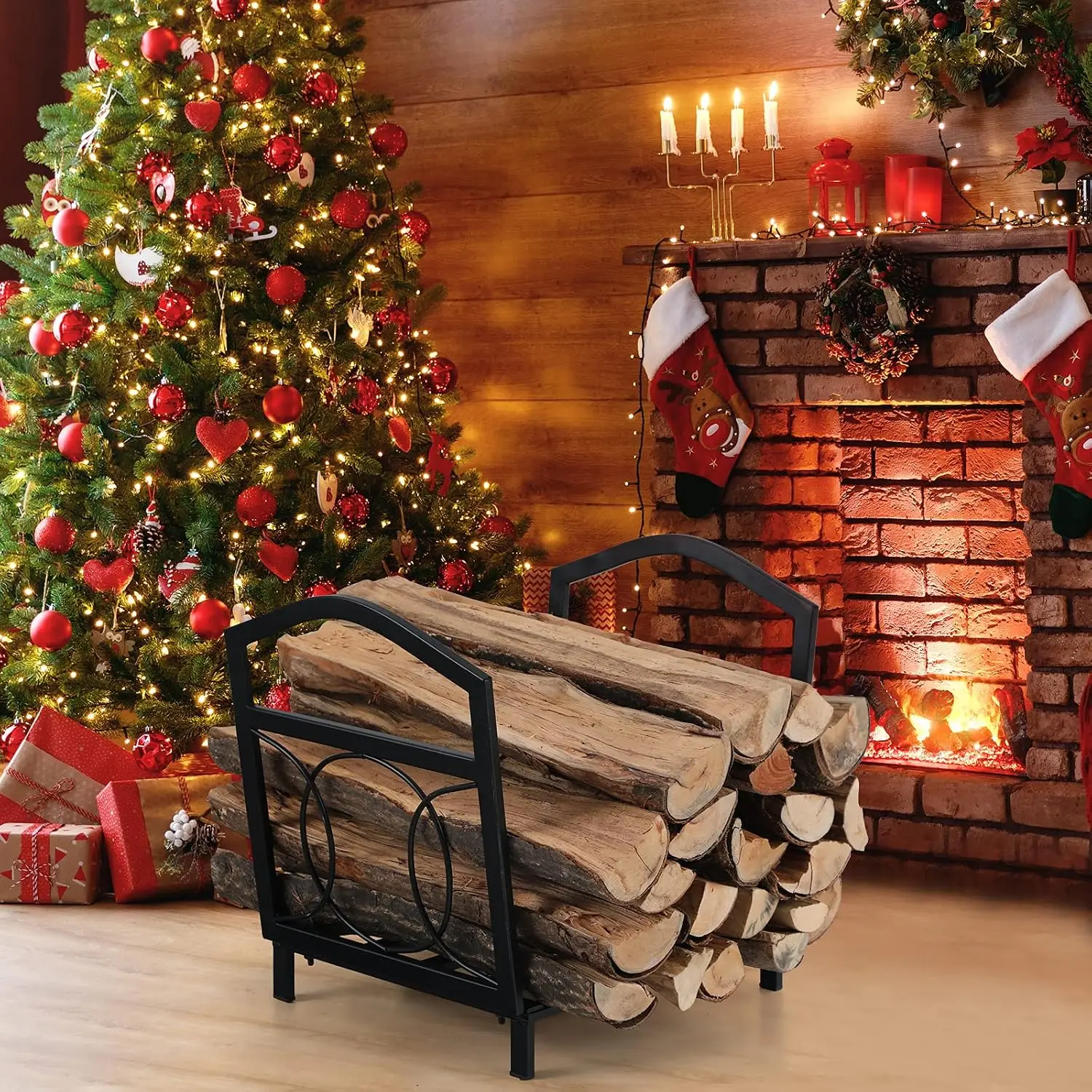 17 Inch Small Firewood Rack Indoor/Outdoor Wood Holder, Black, Customized