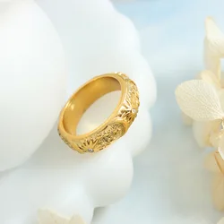 Ethnic Style 316L Stainless Steel Rings For Women 18k Gold Plated Waterproof Fadeless Relief Pattern Women's Ring Woman Jewelry