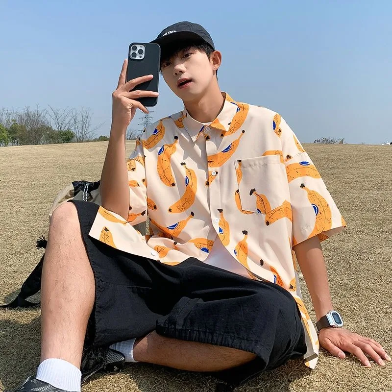 Harajuku Turndown Collar Half Sleeve Oversized Summer Blouse Men Women Cute Fruit Banana Full Printed Creative Button Up Shirts