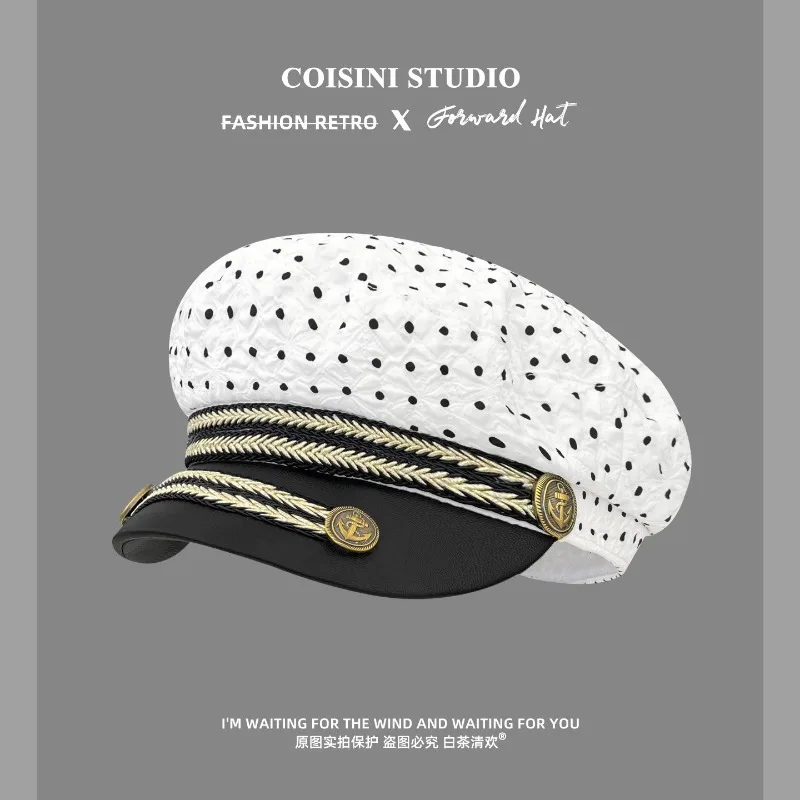Korean British Style Retro Polka Dot Splicing Leather Brim Flat Top Beret Hat for Women Spring and Summer Travel Newsboy Caps