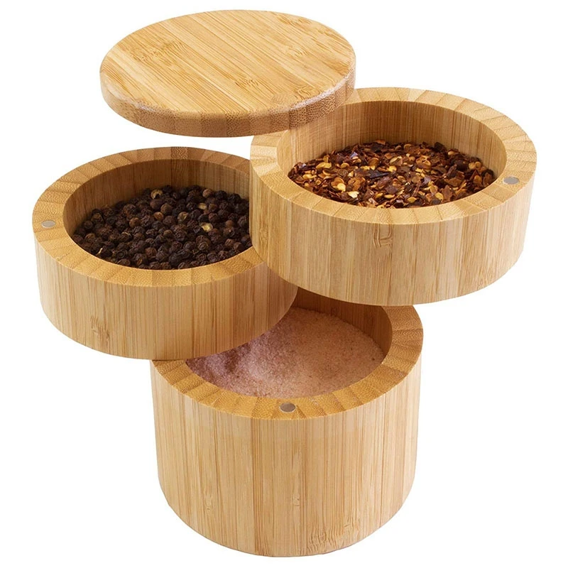 A74E-Bamboo Triple Salt Box,Wood Box,3-Tier Round Bamboo Box For Salt Or Spice With Magnetic Swivel Lid Spice Storage Box