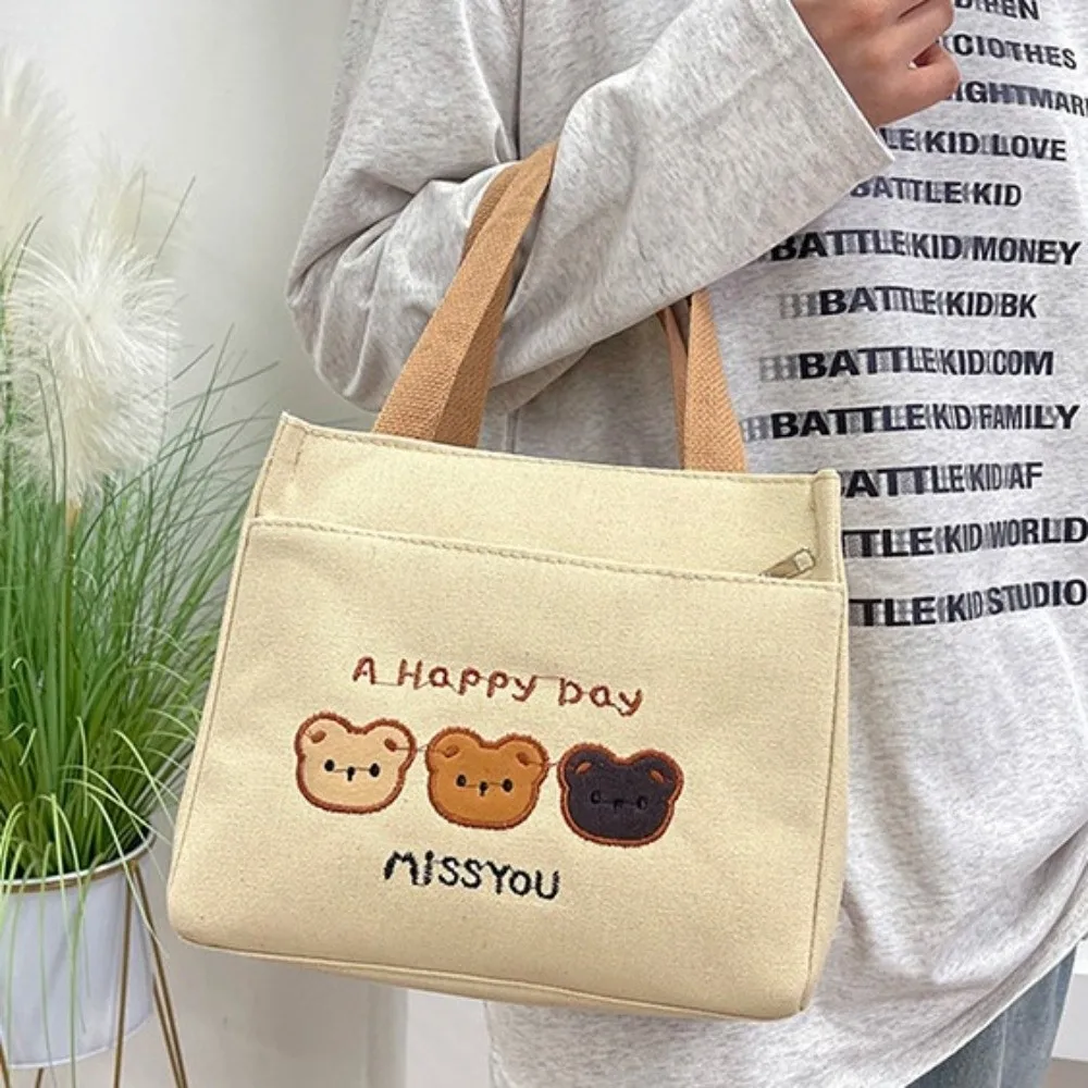 All-Match Cute 3 Bears Embroidery Tote Bag Large Capacity Zipper Closure Canvas Lunch Bag Lightweight Reusable Handbag Commute