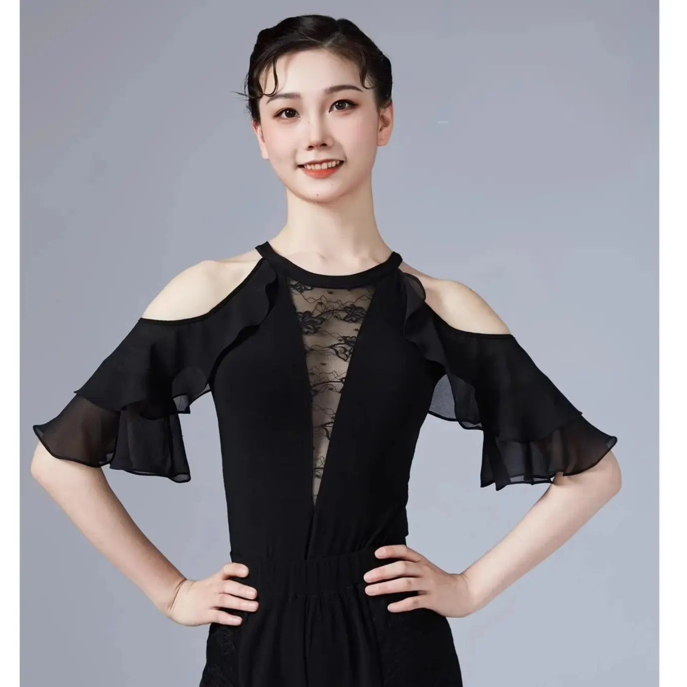 Latin Dance Costumes Waltz Dance Mesh Off Shoulder Top For Women Modern Rumba Tango Ballroom Dance Clothes Practice Wear DN22061
