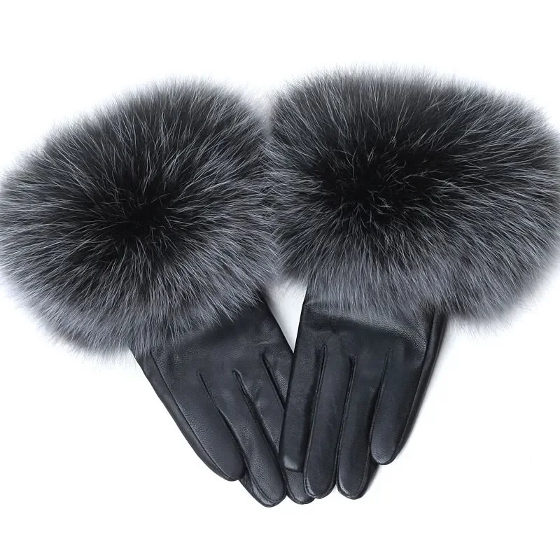 100% Real Leather Women's Big Fox Fur Gloves Fall Winter Plus Velvet Female Fashion Plus Velvet Warm Sheepskin Outdoor Gloves