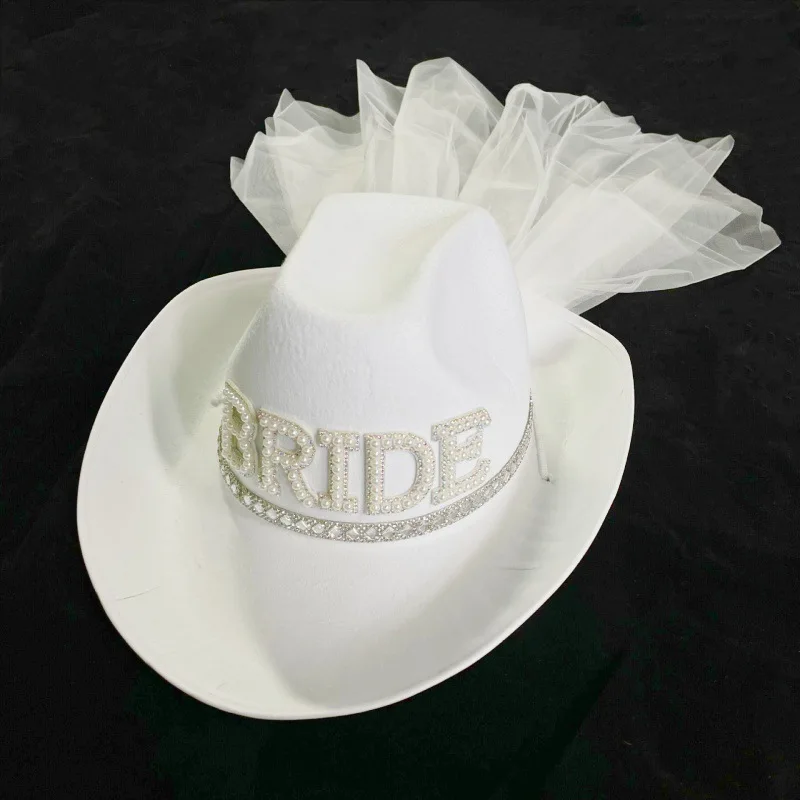 Bride Logo Faux Diamond-Encrusted White Veil Hat Bridal Party Fake Pearl Veil Whitoy Cowboy Cap Wedding Party Accessories