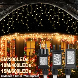 5/10/15M Christmas LED Curtain Icicle String Lights Droop With 31V EU/UK/US Plug 8 Modes Memory Timer Outdoor Garden Decoration