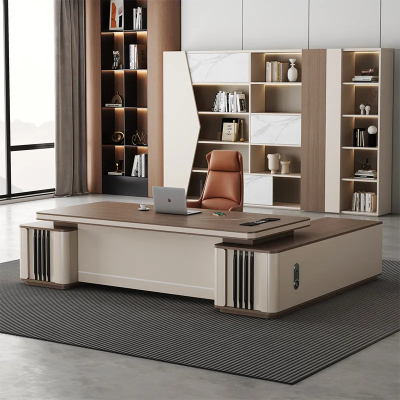 Modern L‑Shape Executive Boss Desk Two‑Tone Wood Panel with Double Side Cabinets Large Manager Table for CEO Office Workspace