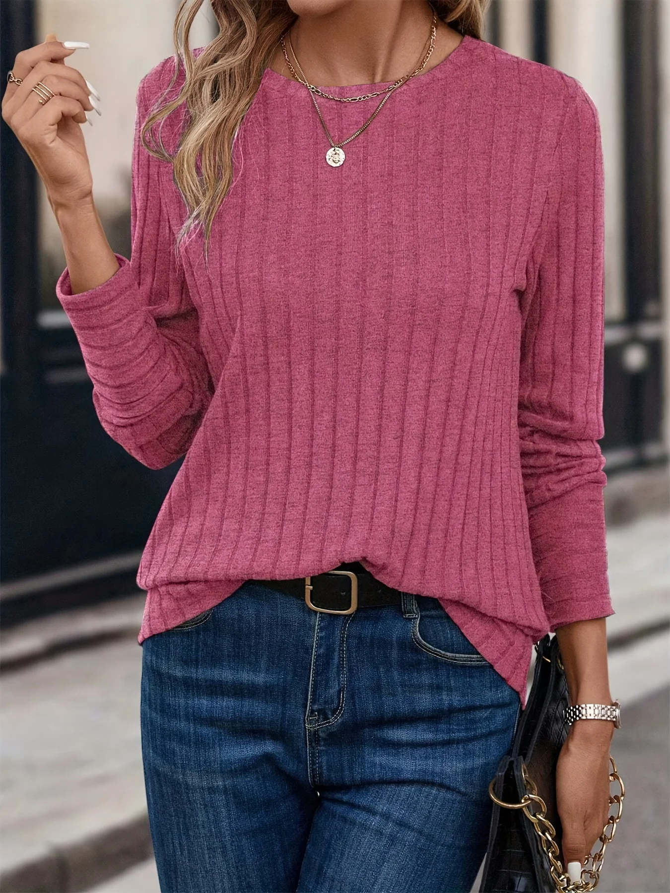 Solid color round neck ribbed t-shirt spring and autumn casual long-sleeved top women's