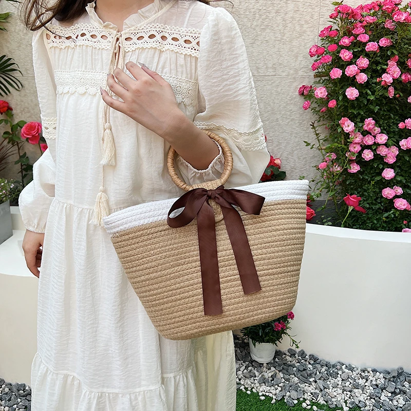 Straw Woven Bag Women Summer Beach Bag Tote Large Capacity Vegetable Basket Pack Ring Satchel Clutch Bag Bohemian Ladies Handbag