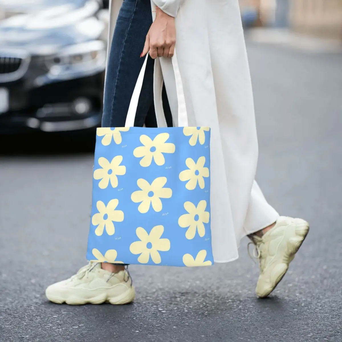 Bolso de lona con estampado de flores para hombre y mujer, bolsa de mano reutilizable de gran capacidad, colorida, de tendencia, color azul Pastel