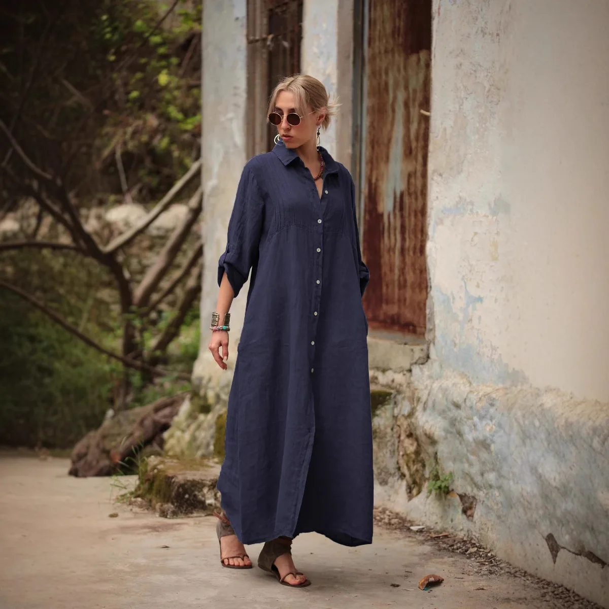 حجم كبير 1XL-5XL جديد أزياء المرأة بلون طويل الأكمام قميص فستان السيدات عادية أنيقة فضفاضة تناسب التلبيب فستان طويل