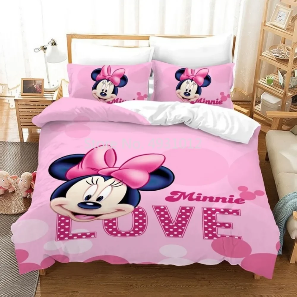 Ensemble de literie Minnie Mouse pour enfants, housse de couette, taie d'oreiller, textile de ménage, décor de lit, cadeau pour garçons et filles, nouveau