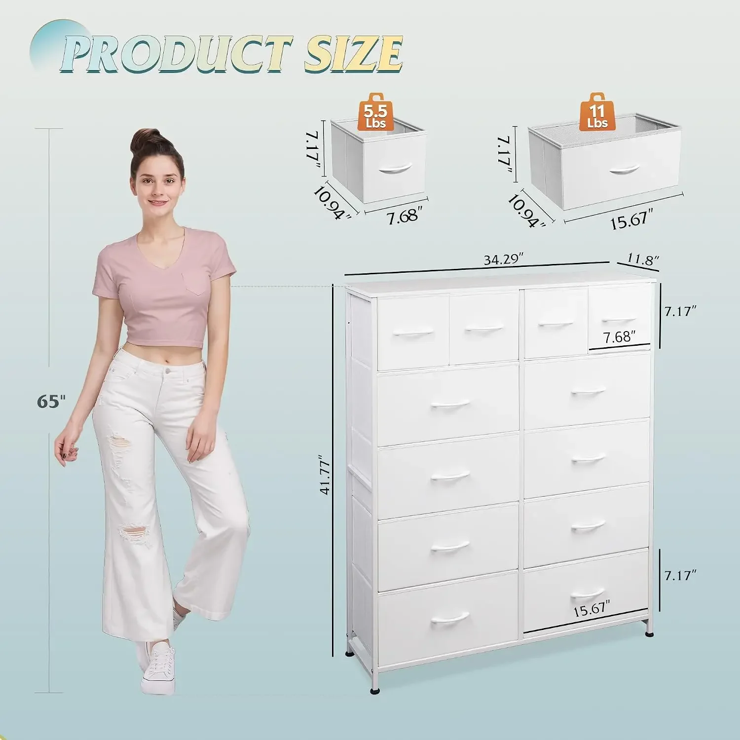 12 Drawer Tall White Fabric Dresser Bedroom Storage Chest | White tall 12-drawer fabric dresser with wood top, perfect baby dres